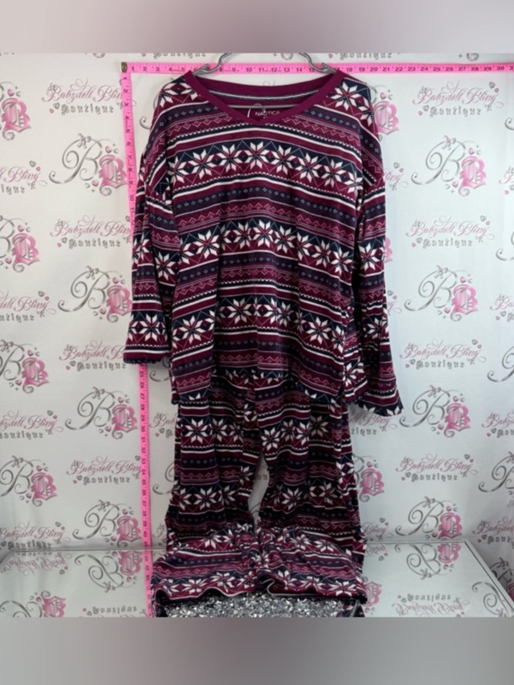 Nautica pj set 2 piece snow Burgundy, Navy & White Fair Isle Woman’s Pajama Set